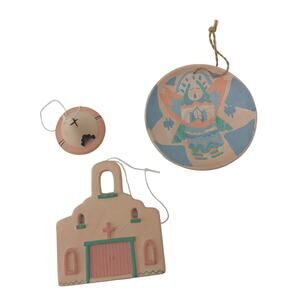 Southwest Peach Blue Clay Potter 80's Christmas Ornament Set of 3